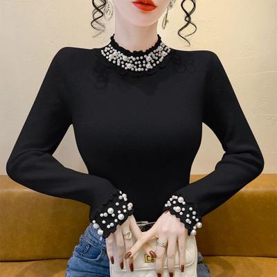 ROUMIKL珍珠高级感毛衣女款2025新款修身气质打底衫秋冬半高领针