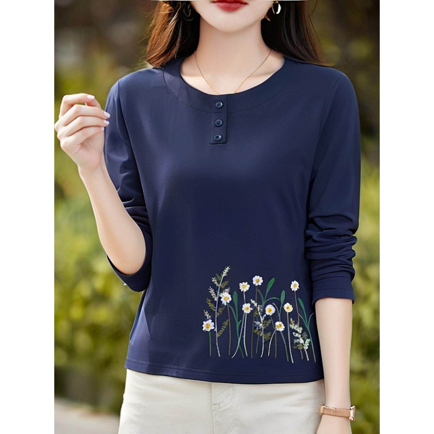 ROUMIKL秋季长袖t恤女2025新款秋衣外穿洋气上衣服宽松打底衫时尚