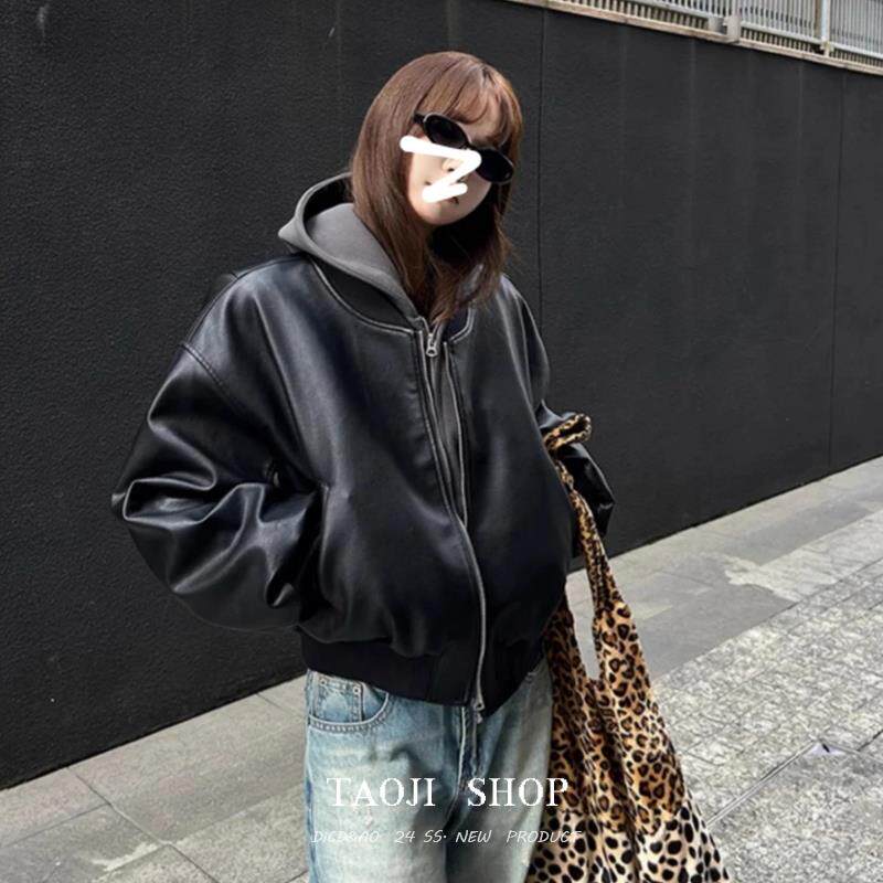KATTERLLG时尚黑色夹克机服皮衣外套女士2024冬季新款美式辣妹酷