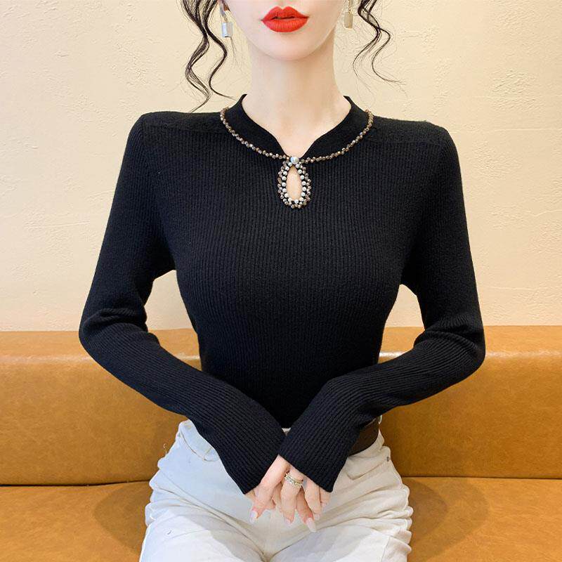 ROUMIKL毛衣女款2025新款高级感钉珠修身针织打底衫女装秋冬气质