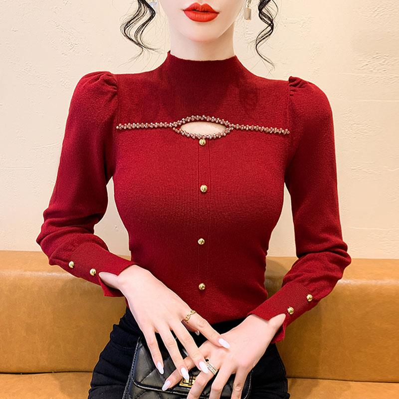 ROUMIKL冬季毛衣女2025新款修身泡泡袖钉珠高级感上衣百搭秋冬打