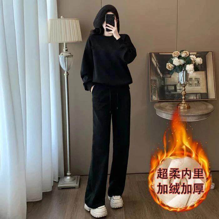 ROUMIKL纯圆领卫衣一整套秋冬季轻奢高级感减龄洋气时尚加绒加厚