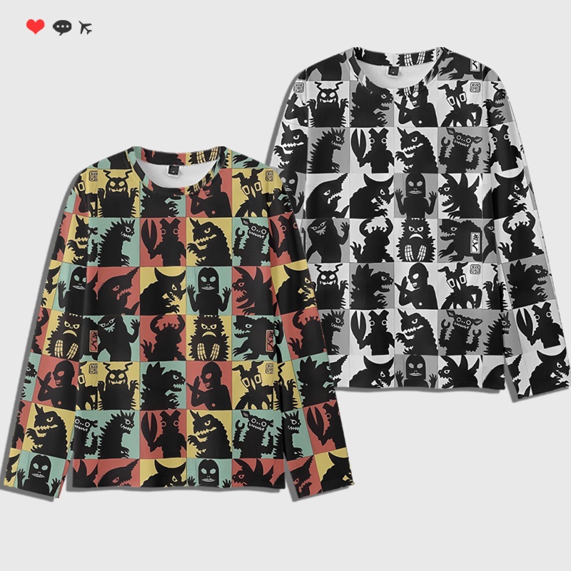 复古哥斯拉怪兽印花长袖T恤卡通动漫潮牌3D全彩速干上衣宽松大码