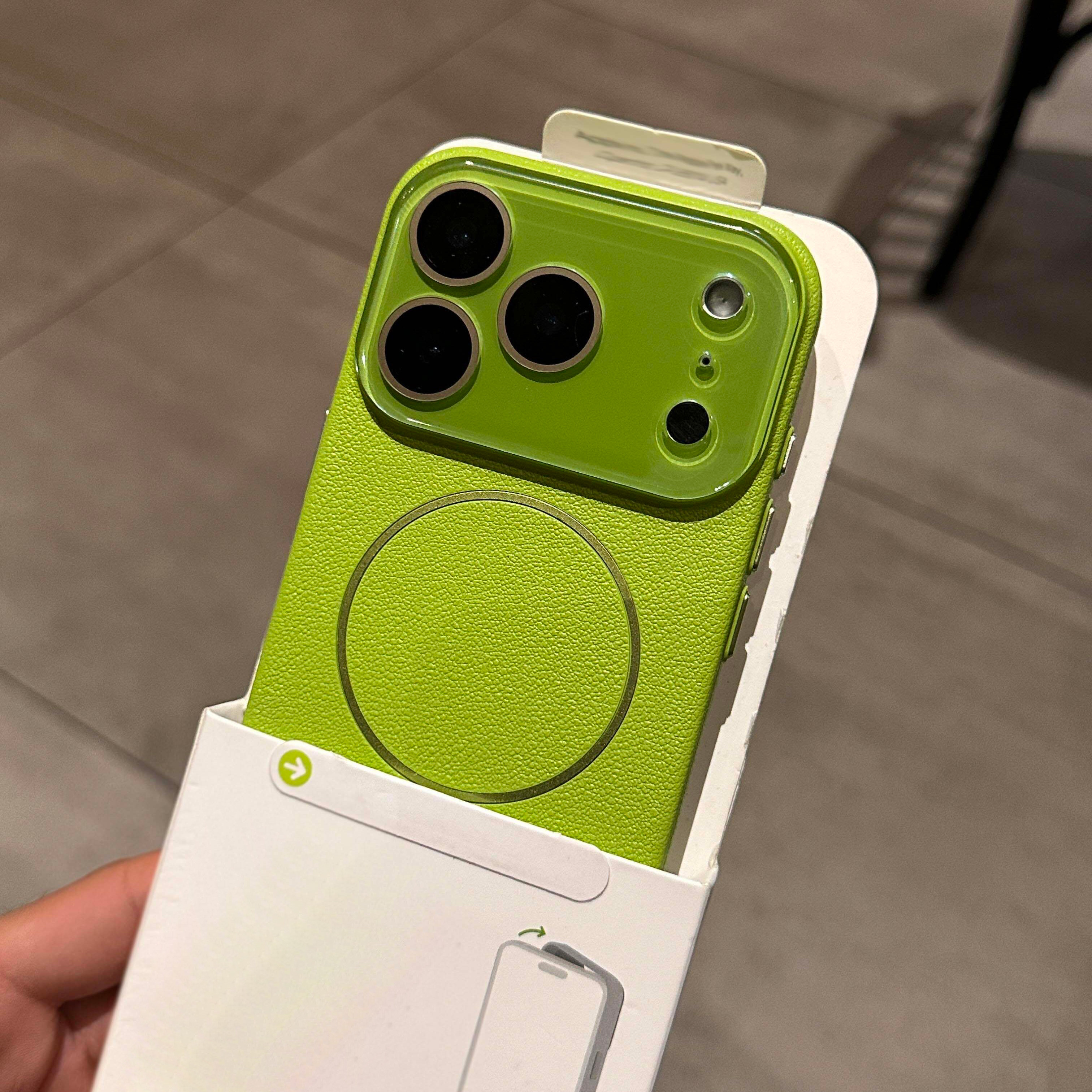 荔枝纹森绿色适用苹果17promax手机壳新款iphone16Pro高级感磁吸皮质女款15Plus镜头全包Air防摔14PM保护套13