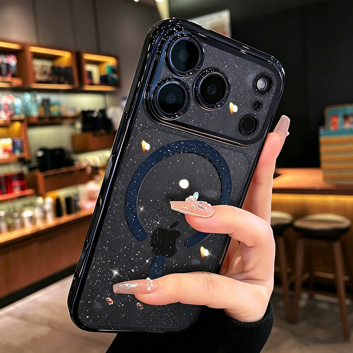 高级深蓝磁吸适用苹果17promax手机壳iphone18pro新款透明闪粉16镜头全包15好看轻奢华14防摔13pm保护套i12女