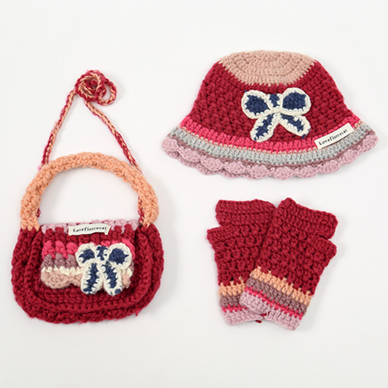 秋冬季帽子手套蝴蝶结款手工针织帽子女毛线包包时尚保暖新款帽子