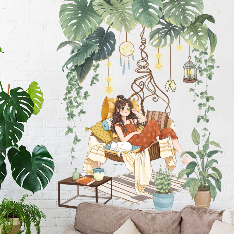 卡通自粘墙贴纸古藤午后卧室小清新植物温馨房间客厅自粘防水贴纸