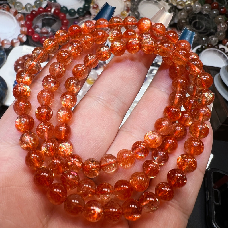 天然金太阳石多圈手链日光石手串大眼睛红油金沙猫眼爆闪云母片三