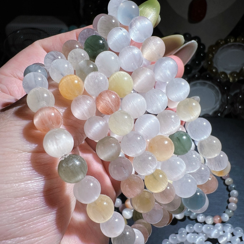天然顺发拉丝透体猫眼彩兔毛手链女礼物彩钢丝水晶手串橘粉紫绿黄