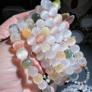 天然顺发拉丝透体猫眼彩兔毛手链女礼物彩钢丝水晶手串橘粉紫绿黄