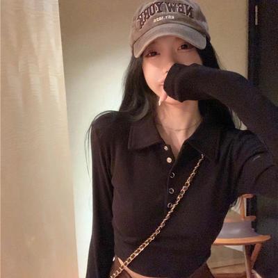 POLO领短款修身T恤女装秋季甜辣灰色内搭打底衫辣妹紧身长袖上衣