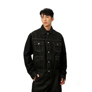 复古水洗丹宁多口袋外套男女宽松牛仔衣 美式 芸感 原牛黑色夹克