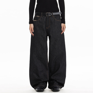 男 女手工缝线黑色丹宁原牛长裤 芸感美式 复古水洗宽松直筒牛仔裤