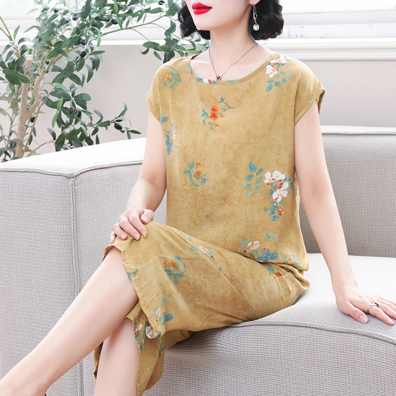 棉绸套装女夏季时尚外穿洋气显瘦妈妈装棉绸睡衣短袖七分裤两件套