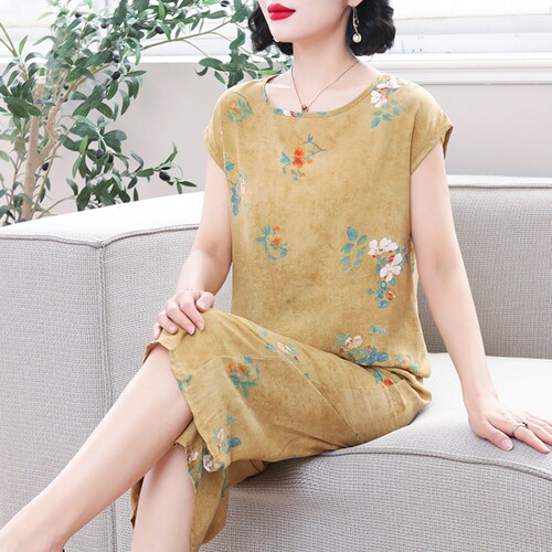 棉绸套装女夏季时尚外穿洋气显瘦妈妈装棉绸睡衣短袖七分裤两件套