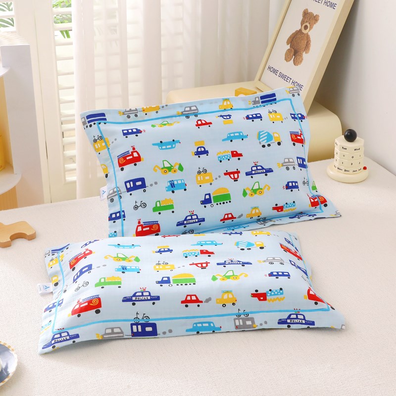 a类儿童男孩小汽车枕套30X50cm双层纱卡通宝宝全棉枕巾婴儿枕头套