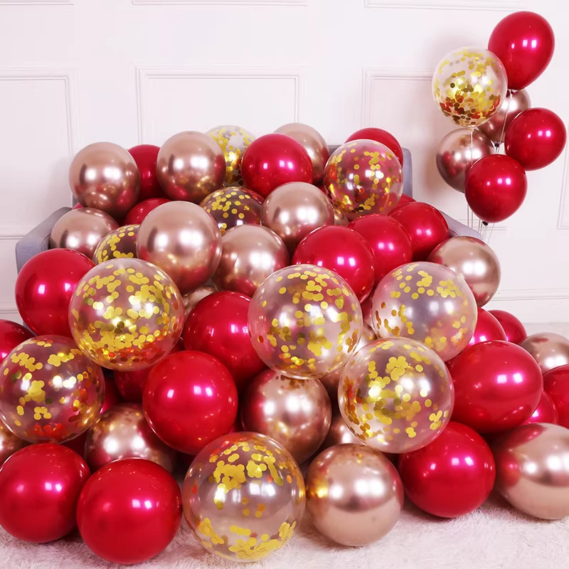 双层宝石红香奈红气球婚庆造型布置装饰生日开业周年庆红金色汽球