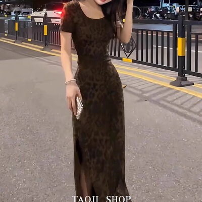 欢乐颂3李浩菲同款夏新款性感开叉豹纹睡裙外穿短袖睡衣女家居服