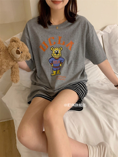 韩版睡衣女生夏季纯棉卡通可爱学生家居服短袖条纹短裤套装两件套