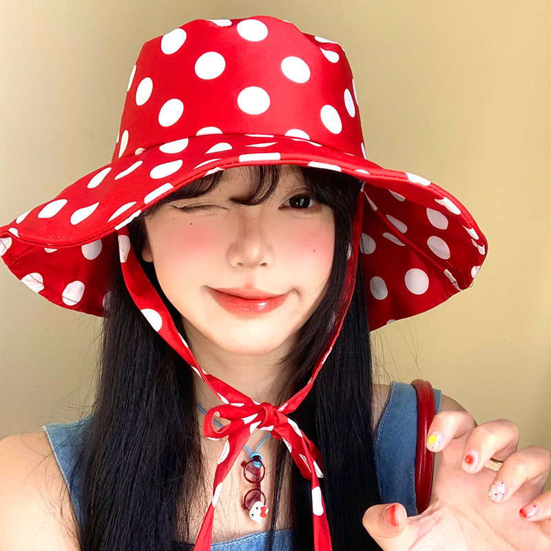 Classy key新加坡设计师联名款显脸小遮阳防晒帽子红色波点渔夫帽