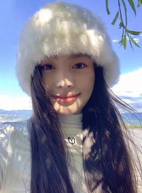 Classy key新加坡设计师联名款白色渔夫帽女加厚保暖毛绒针织帽子