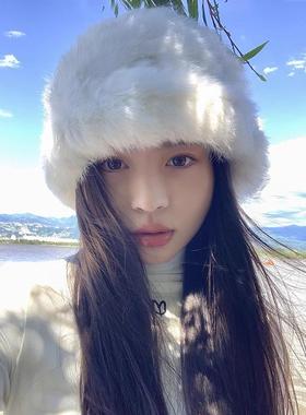 Classy key新加坡设计师联名款兔毛帽子女大头围白色渔夫帽针织帽