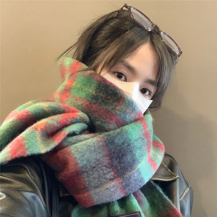 Classy key新加坡设计师联名款复古绿色格子纹围巾百搭披肩