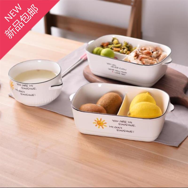 罐子搪瓷碗多用陶瓷饭盒汤杯F带盖少女微波炉男士上班族饭缸果蔬
