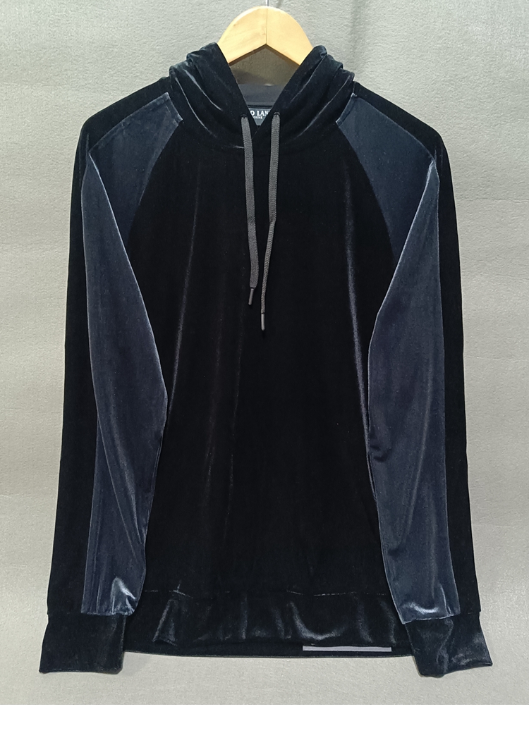 青年套头长袖流行秋季修身休闲单件连帽拼色金丝绒卫衣T恤上衣男