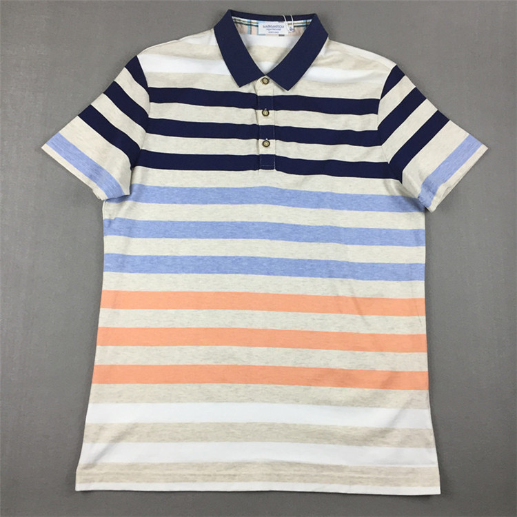 MACTEMPO/玛天宝 新品男士短袖彩棉日常 T恤条纹翻领休闲纯棉打底