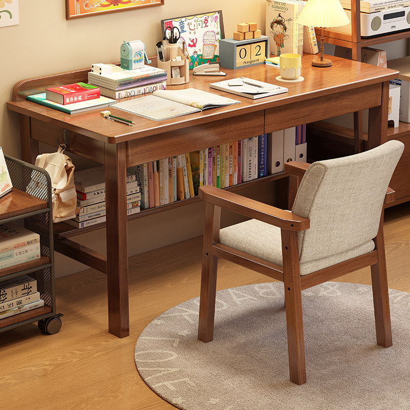 全实木书桌简易电脑桌办公桌家用客厅学习桌并排学生写字桌椅组合