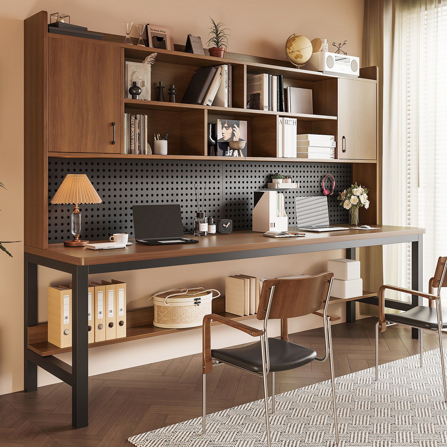 洞洞板双人电脑桌家用学生学习桌中古风书桌书柜一体靠墙写字桌子