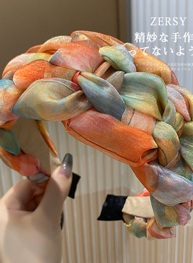 油画感晕染印花欧根纱仙气编织发箍女高级感洋气时尚简约头箍发捆