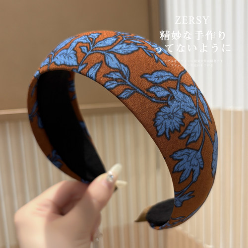 宽版油画风焦糖棕蓝花朵布艺发箍