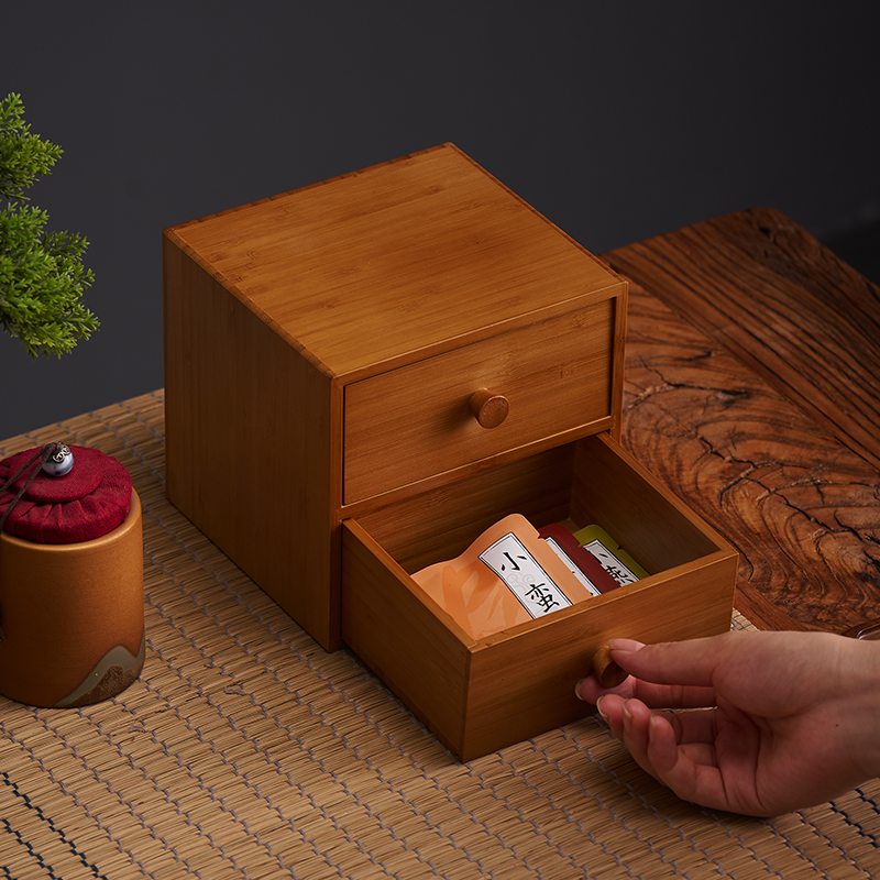 竹制小收纳盒首饰双抽储物盒桌面防尘茶叶置物茶道零配件茶柜