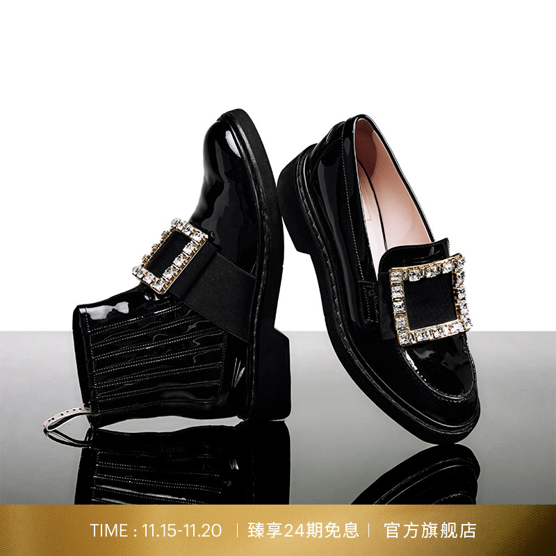 钻扣漆皮圆头短靴女鞋