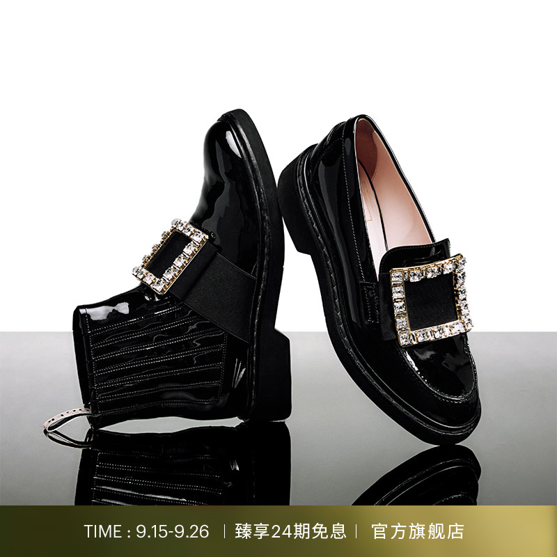 钻扣圆头漆面牛皮复古女鞋乐福