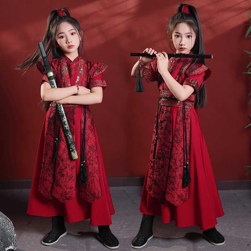 国风演出服儿童古装花木兰汉服女童男童侠客风红色中国风cos武侠
