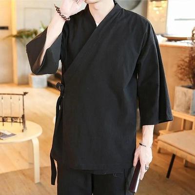 古装汉服男夏季侧开斜襟上衣禅意居士茶服棉麻道袍外套料理工作服