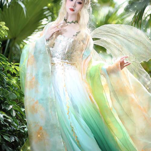 采梦集原创汉服唐绿精灵白皇后渐变色走秀腰封诃子裙大袖衫 司藤