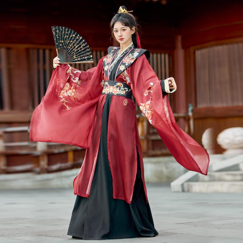 原创黑红直裾大袖衫汉服2025春夏男女情侣款蛇年套装