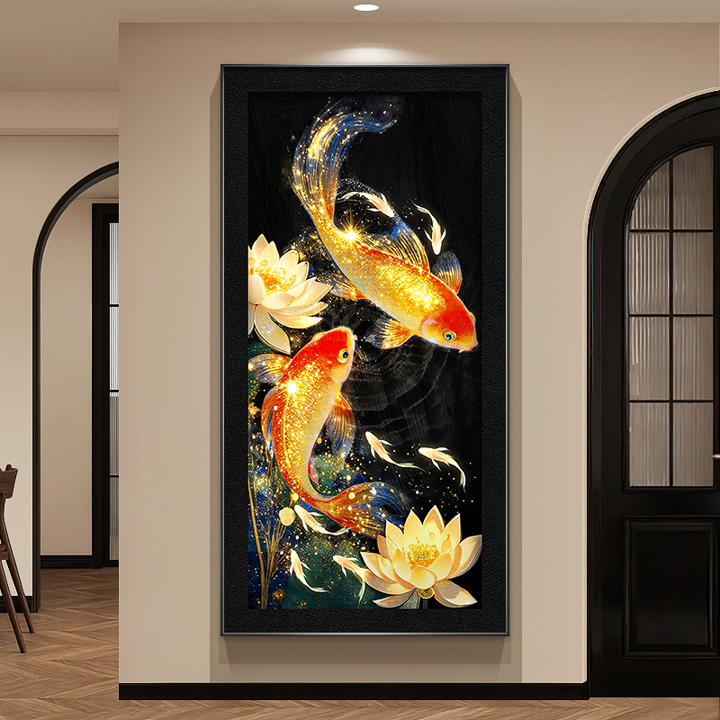 锦鲤玄关装饰画中古风九鱼图走廊挂画法式复古荷花入户正对墙壁画图片