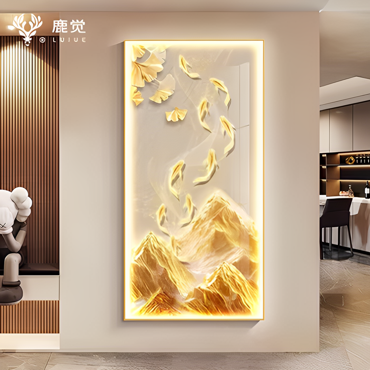 九鱼图玄关装饰画灯画轻奢高级感走廊尽头挂画日照金山聚财风水画