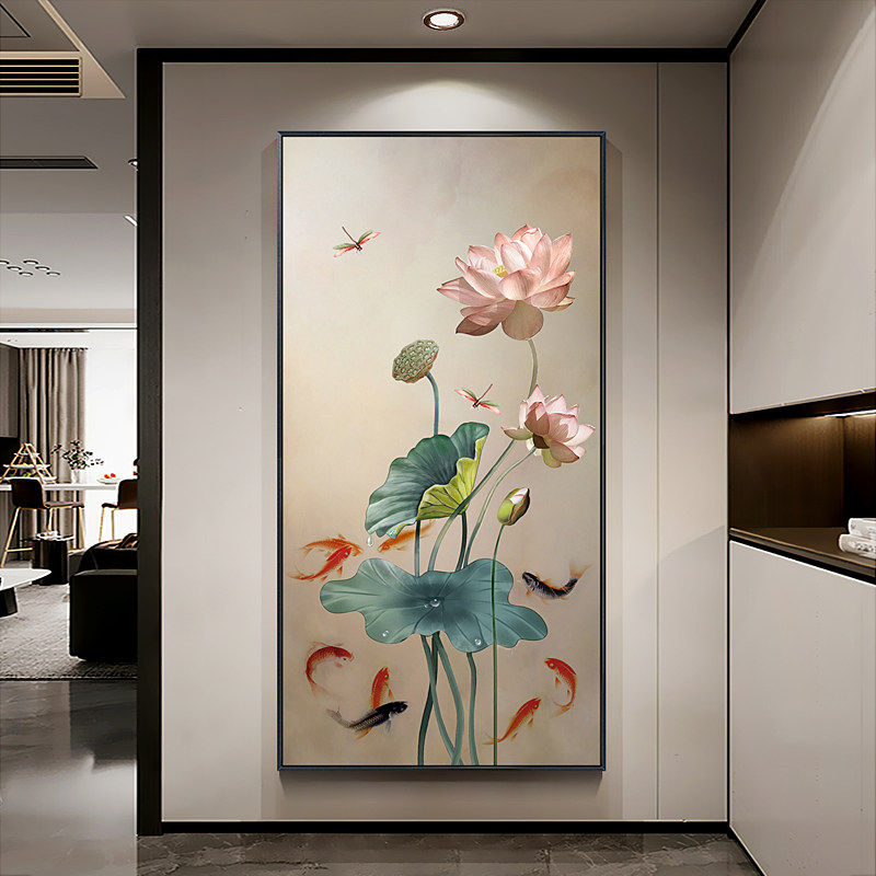 九鱼图玄关装饰画新中式手绘油画客厅轻奢挂画荷花高级感2026新款