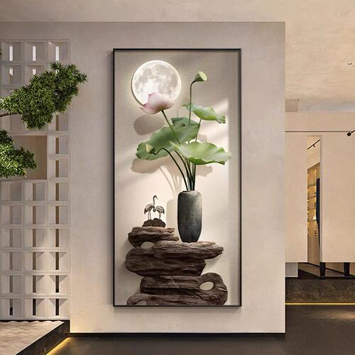 进门新中式玄关画小清新荷花装饰画侘寂风挂画高级感入户玄关壁画