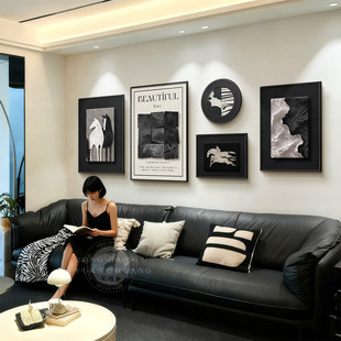 黑白意式 饰画抽象沙发背景墙挂画中古风高级感餐厅壁画 极简客厅装