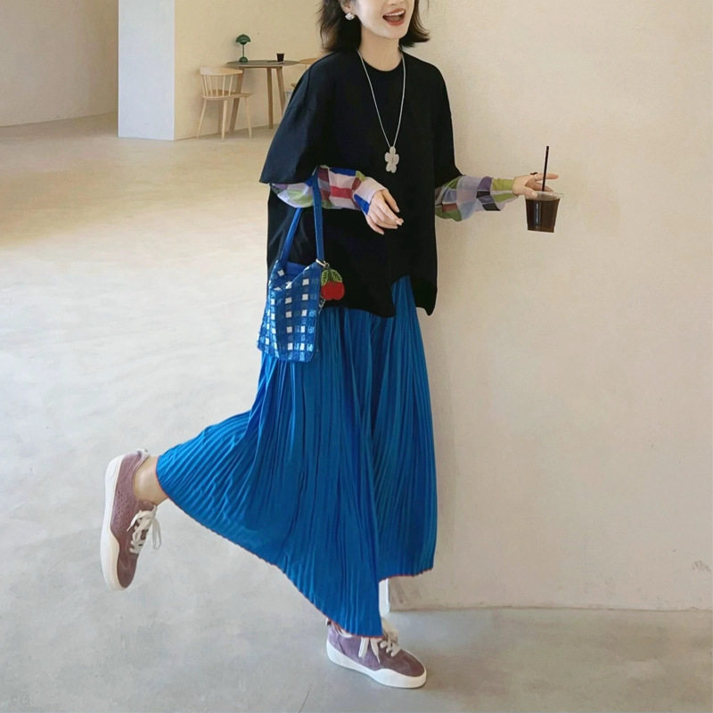 miu里miu气绝美克莱因蓝色压褶半身裙女2026春秋夏季新款百褶长裙
