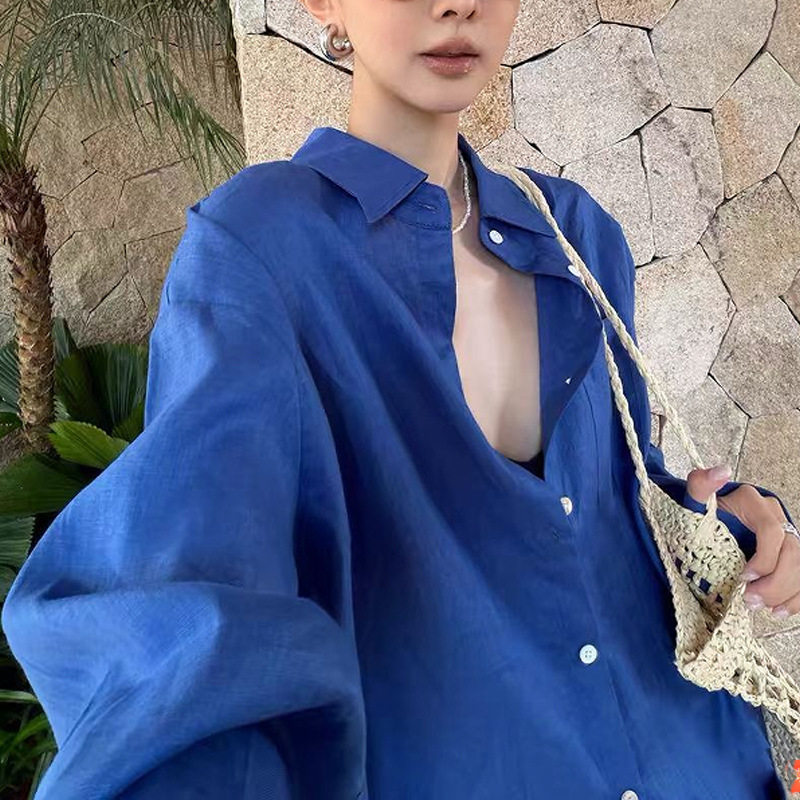 蓝色亚麻春季长袖衬衣女百搭通勤棉麻宽松防晒衬衫上衣