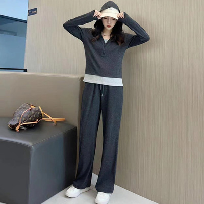 绵羊绒糯米套装女春款小个子慵懒风连帽拼接假两件百搭时尚运动服