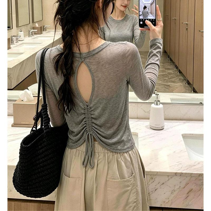 灰色后背镂空防晒长袖T恤罩衫女夏季绝美设计感外搭薄款抽绳上衣